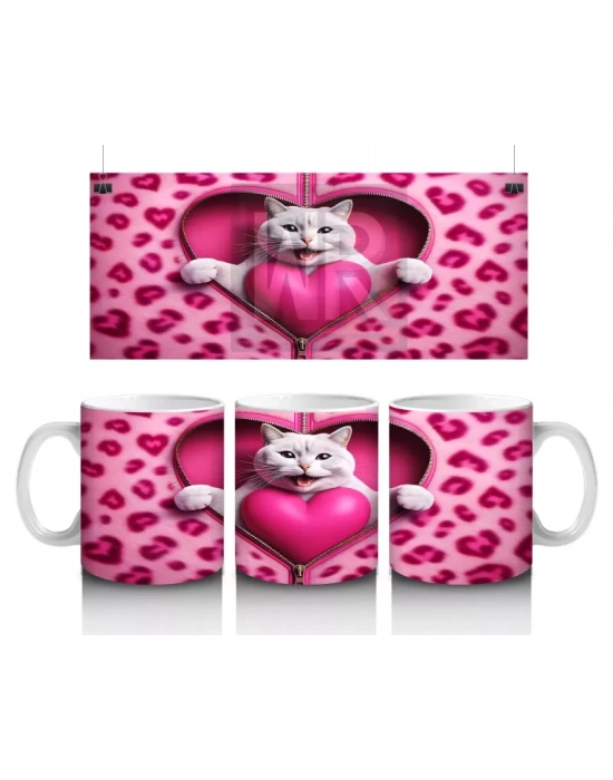 Kalpli Yastık Tutan Beyaz Kedi – Baskılı Kahve Kupası