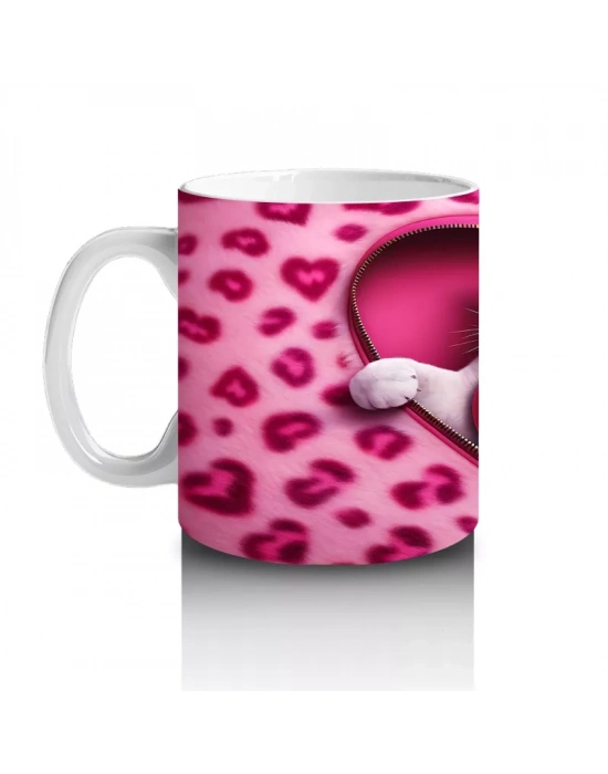 Kalpli Yastık Tutan Beyaz Kedi – Baskılı Kahve Kupası