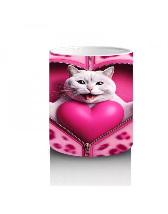 Kalpli Yastık Tutan Beyaz Kedi – Baskılı Kahve Kupası