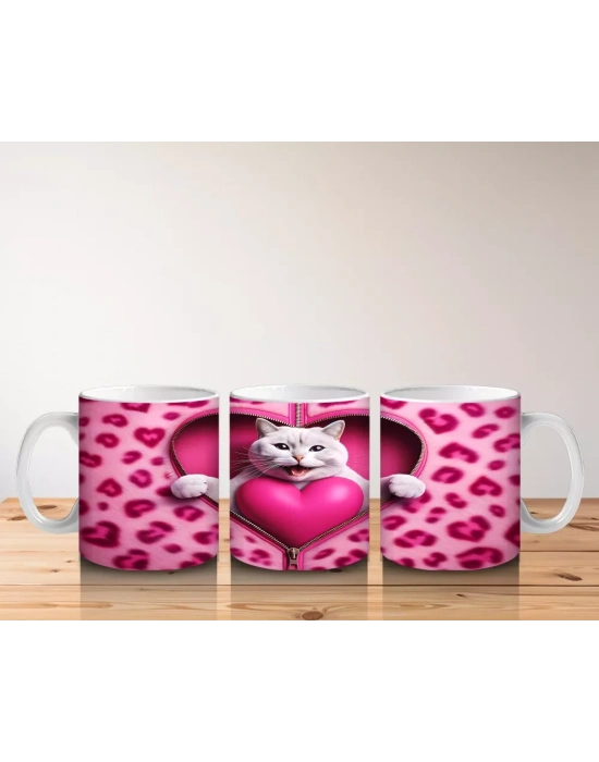 Kalpli Yastık Tutan Beyaz Kedi – Baskılı Kahve Kupası