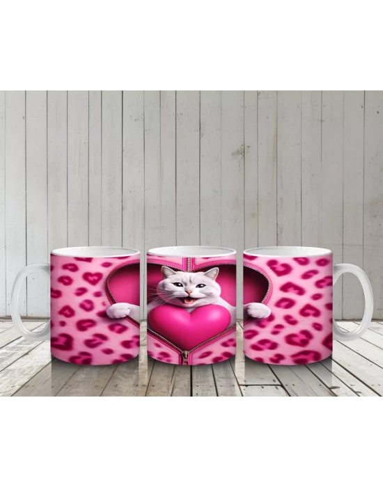 Kalpli Yastık Tutan Beyaz Kedi – Baskılı Kahve Kupası