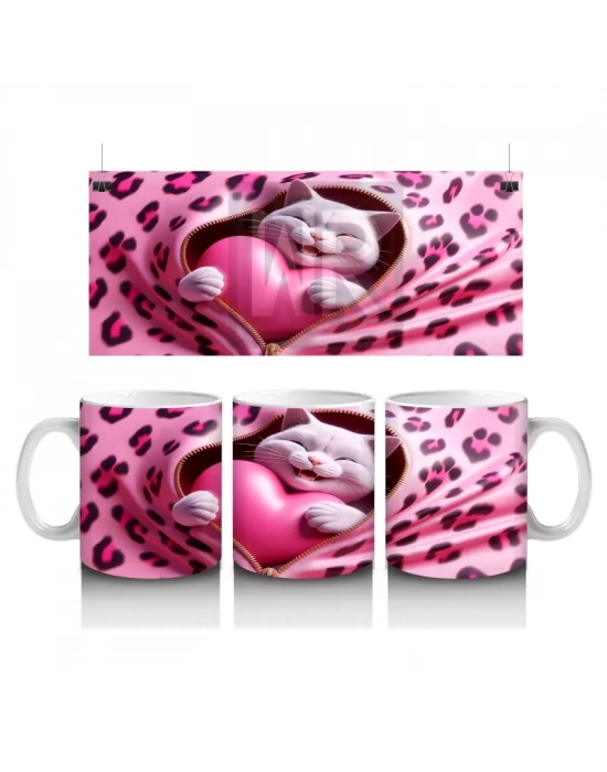 Kalpli Yastıkla Uyumlu Sevimli Kedi İllüstrasyonu – Baskılı Kahve Kupası