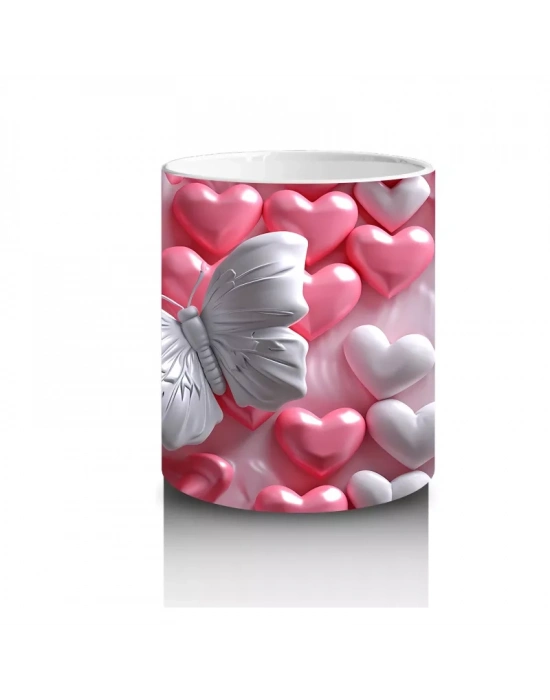 Kalpli Yastıklar Üzerinde Beyaz Kelebek – Baskılı Kahve Kupası