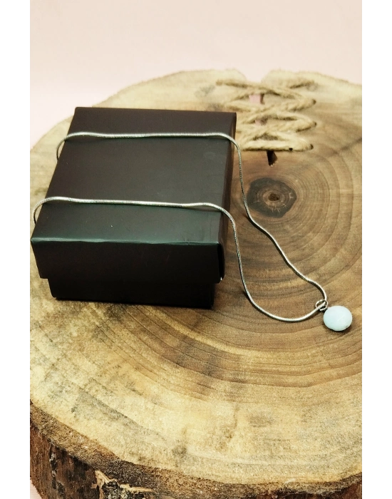 Kalsedon Doğal Taşı Zincirli El Yapımı Kolye Uç: 1,5 cm Zincir: 20 cm Kutulu