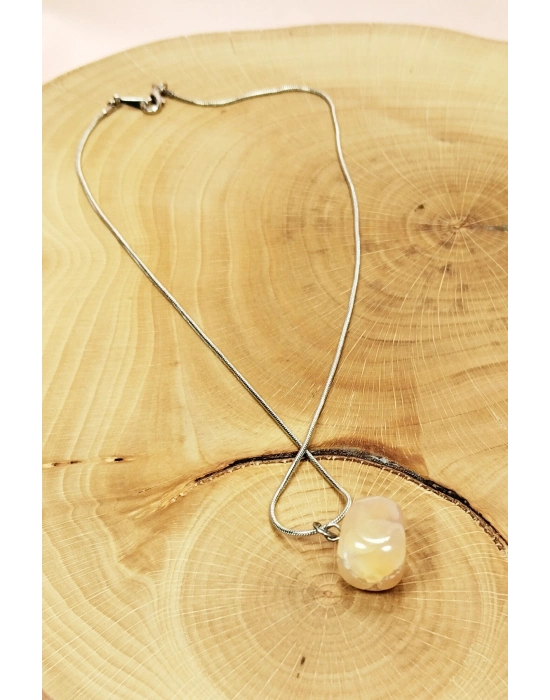 Kalsit Doğal Taşı Zincirli El Yapımı Kolye Uç: 1,5 cm Zincir: 20 cm Kutulu