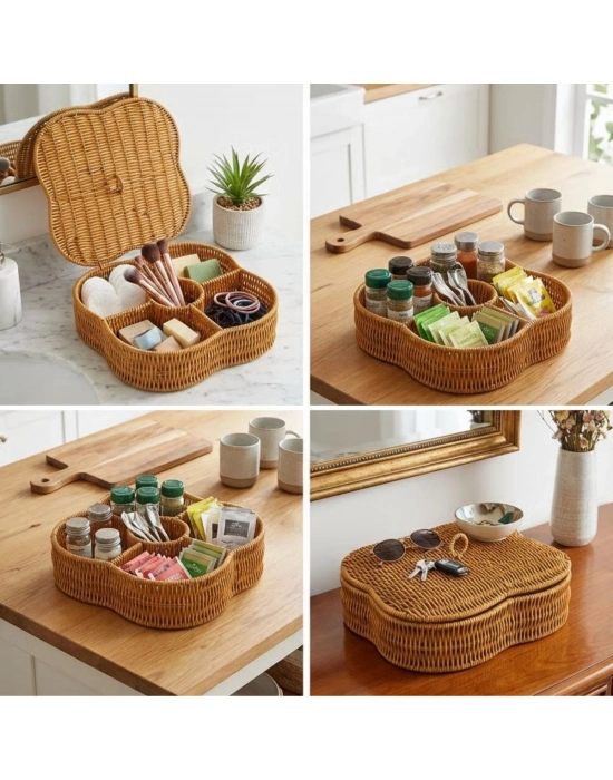®  Kapaklı 5 Bölmeli Plastik Rattan Organizer Kutu – Hasır Desenli Çok Amaçlı Saklama ve Sunum Sepeti Çerezlik