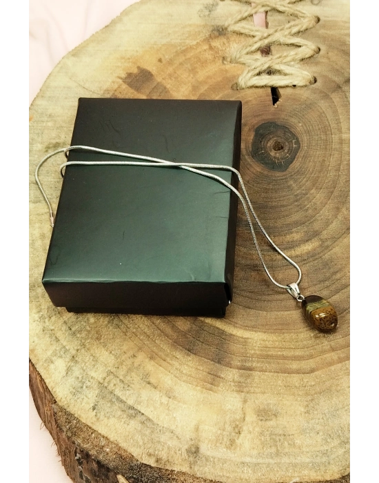 Kaplan Gözü Doğal Taşı Zincirli El Yapımı Kolye Uç: 2 cm Zincir: 20 cm Kutulu