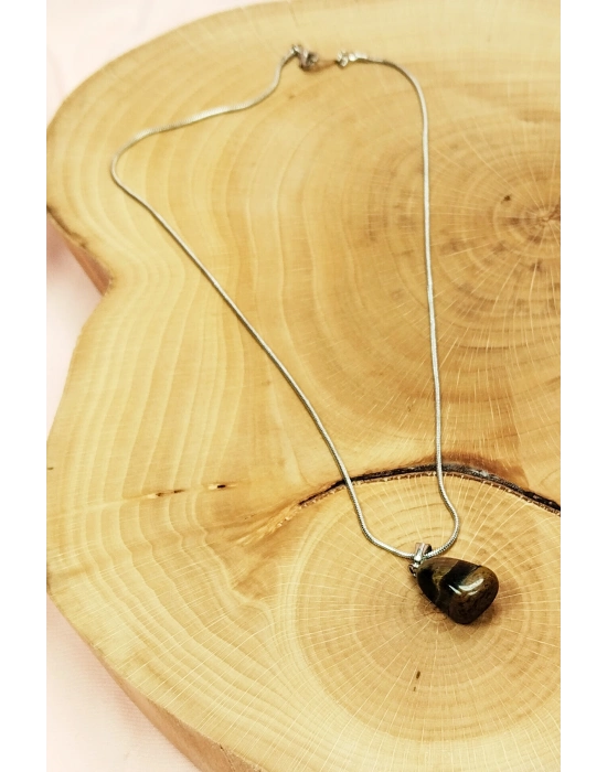 Kaplan Gözü Doğal Taşı Zincirli El Yapımı Kolye Uç: 2 cm Zincir: 20 cm Kutulu