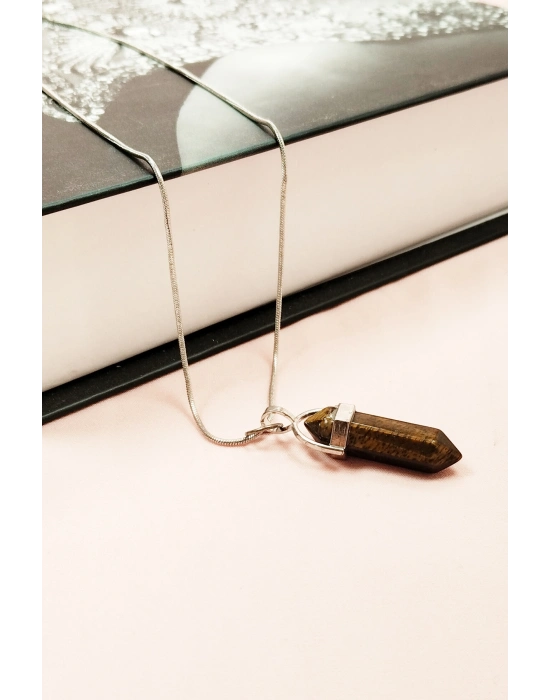 Kaplan Gözü Doğal Taşı Zincirli El Yapımı Tasarımlı Kolye Uç: 3,5 cm Zincir: 20 cm Kutulu