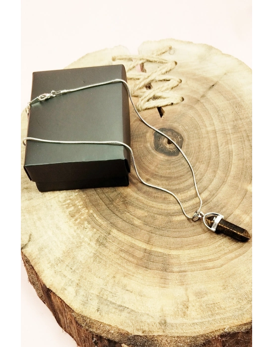 Kaplan Gözü Doğal Taşı Zincirli El Yapımı Tasarımlı Kolye Uç: 3,5 cm Zincir: 20 cm Kutulu