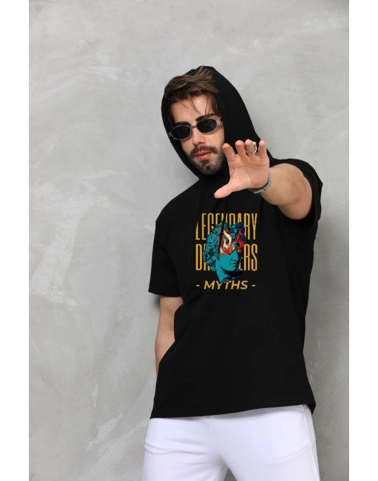 Kapşonlu Kolsuz Oversize Baskılı Tişört - Siyah -