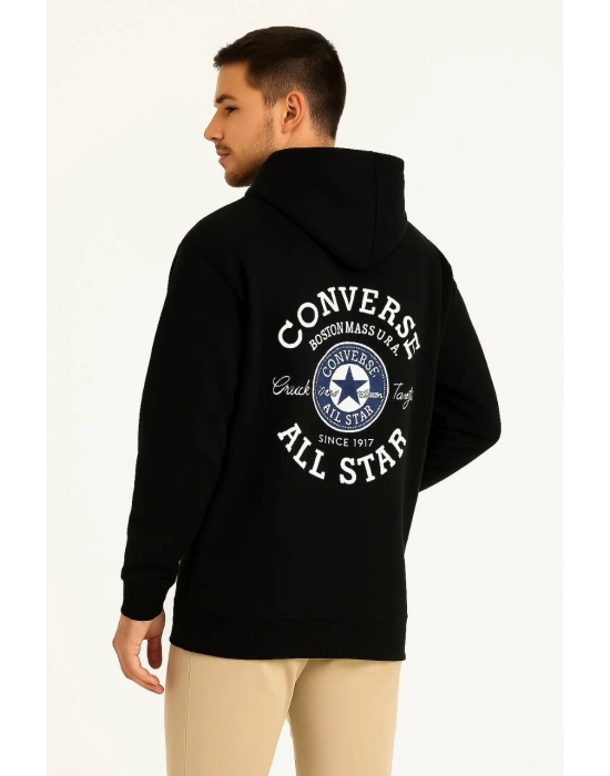 Kapşonlu Sweatshirt Ön  Arka Baskılı Siyah -