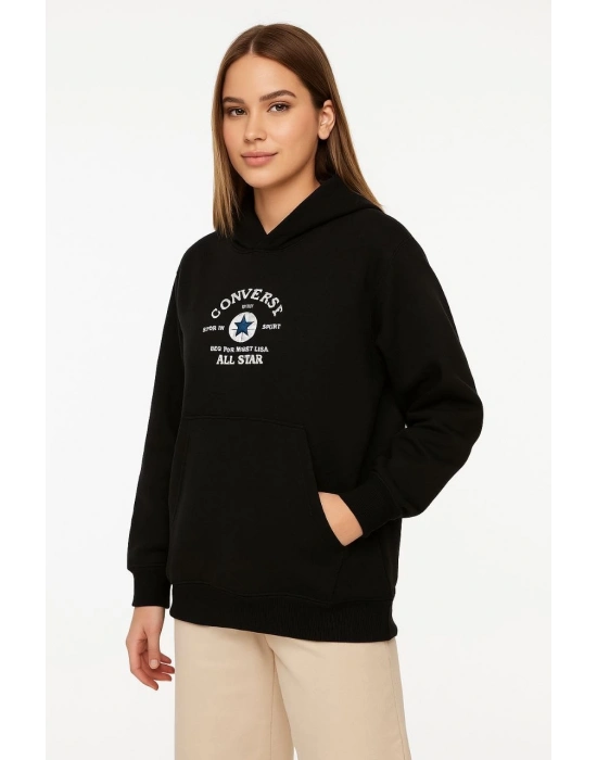 Kapşonlu SweatshirtOversize Fit, Ön  Arka Baskılı, Siyah -