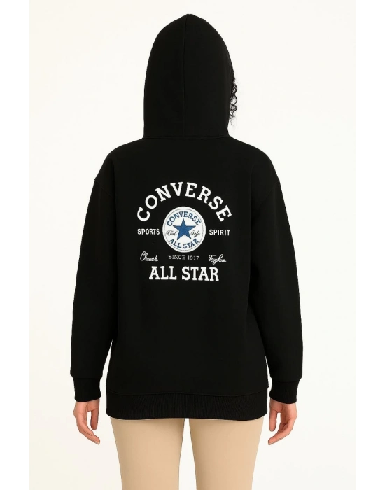 Kapşonlu SweatshirtOversize Fit, Ön  Arka Baskılı, Siyah -