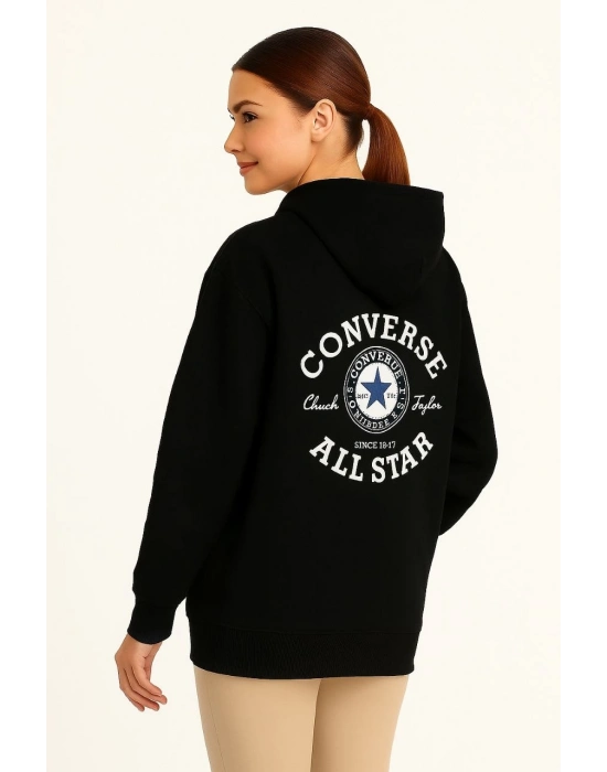 Kapşonlu SweatshirtOversize Fit, Ön  Arka Baskılı, Siyah -