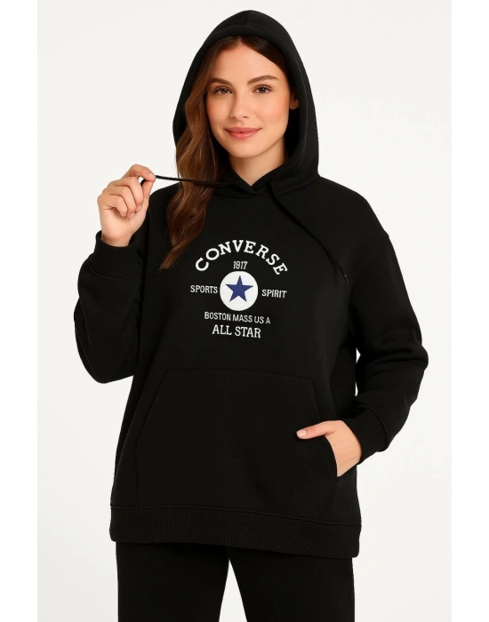 Kapşonlu SweatshirtOversize Fit, Ön  Arka Baskılı, Siyah -