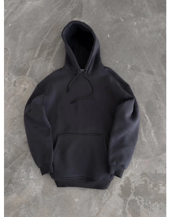 Kapüşonlu Üç İplik Penye Basic SweatShirt - Füme -