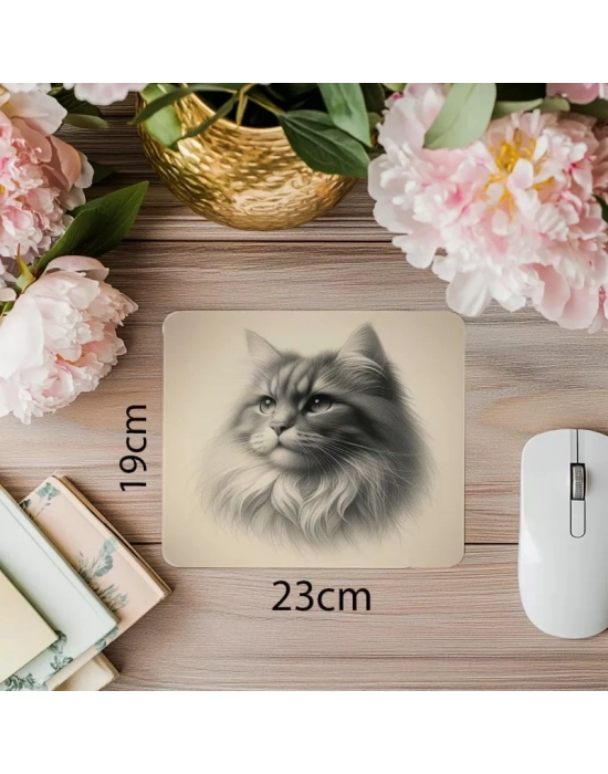 Karakalem Kedi Çizimli Mousepad – Sanatsal Tasarım - 19x23 cm 2 mm Dikdörtgen İthal Baskılı Mouse Pad