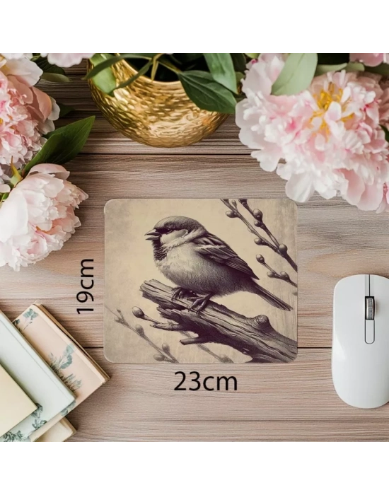 Karakalem Kuş Mousepad – Vintage Doku - 19x23 cm 2 mm Dikdörtgen İthal Baskılı Mouse Pad