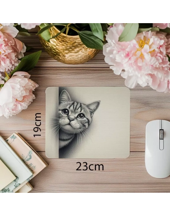 Karakalem Tarzı Kedili Mouse Pad Tasarımı - 19x23 cm 2 mm Dikdörtgen İthal Baskılı Mouse Pad