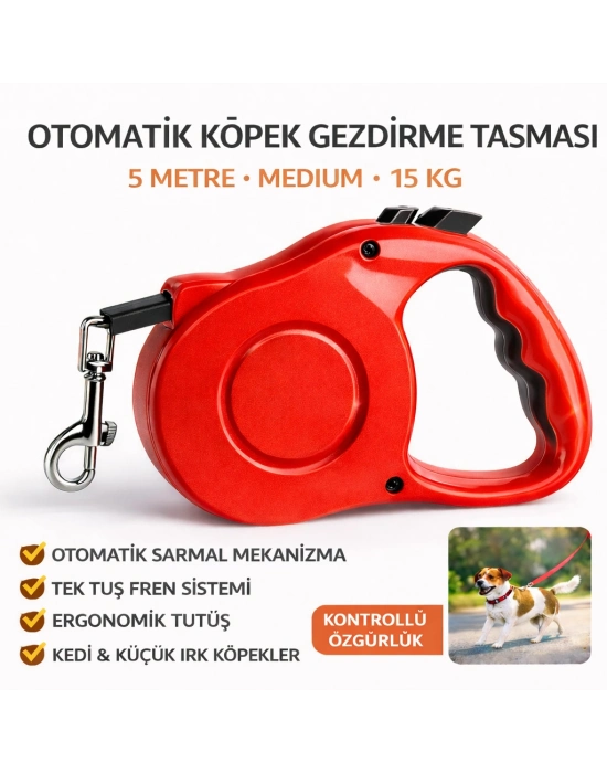 Karamel Pet Otomatik  Köpek Gezdirme Tasması Medium 5 Metre 15 kg Kırmızı