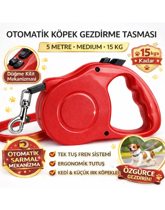 Karamel Pet Otomatik  Köpek Gezdirme Tasması Medium 5 Metre 15 kg Kırmızı