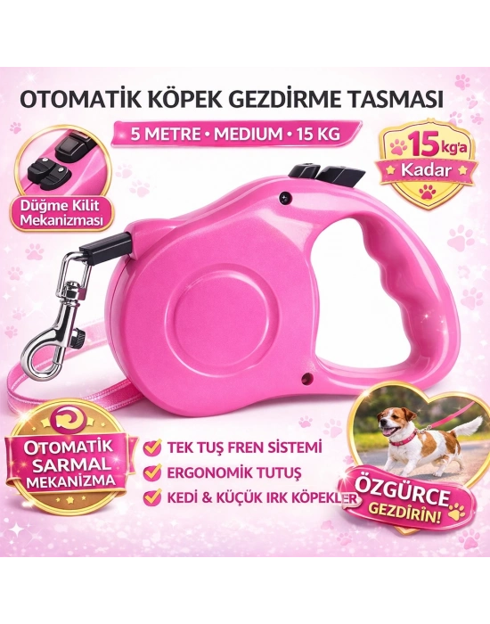 Otomatik Köpek Gezdirme Tasması 5 Metre Medium 15 kg Pembe Kilitli Makaralı Şerit