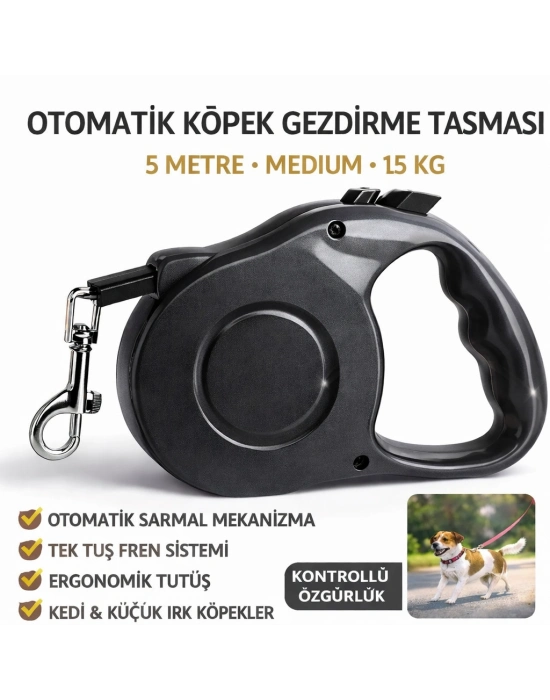 Karamel Pet Otomatik  Köpek Gezdirme Tasması Medium 5 Metre 15 kg Siyah