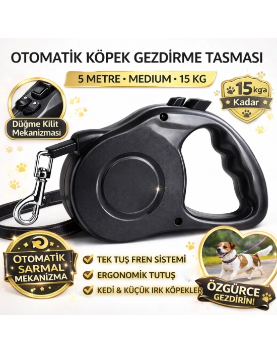 Karamel Pet Otomatik  Köpek Gezdirme Tasması Medium 5 Metre 15 kg Siyah