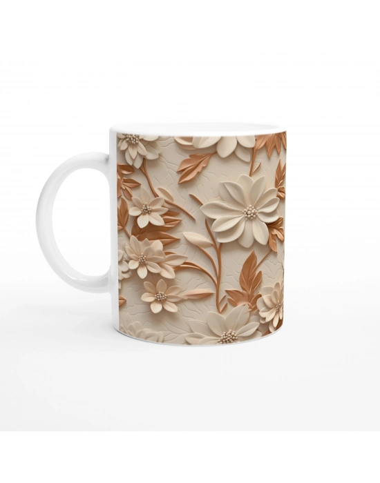 Karamel Tonlu Çiçek Desenli Kupa Bardak