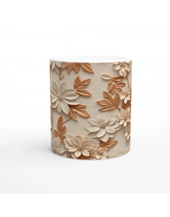 Karamel Tonlu Çiçek Desenli Kupa Bardak