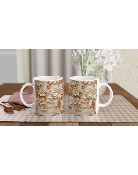 Karamel Tonlu Çiçek Desenli Kupa Bardak