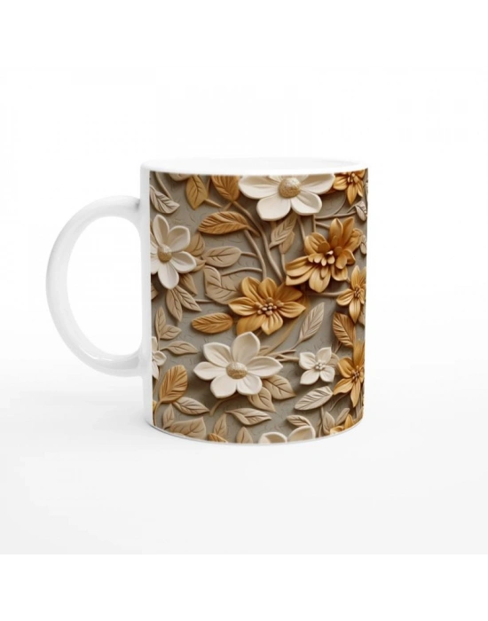 Karamel Vurgulu Rölyef Çiçek Desenli Kupa Bardak