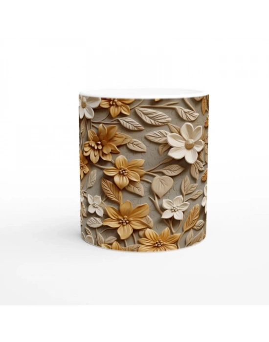 Karamel Vurgulu Rölyef Çiçek Desenli Kupa Bardak