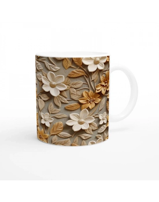 Karamel Vurgulu Rölyef Çiçek Desenli Kupa Bardak