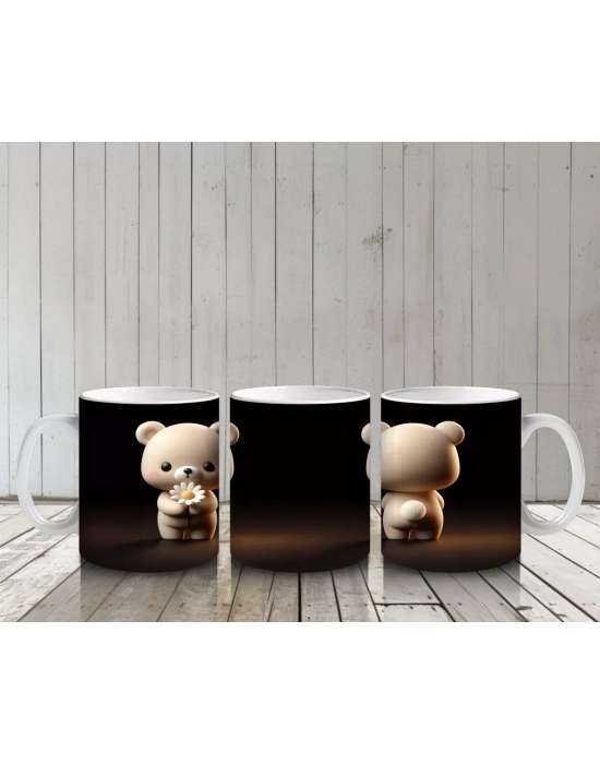 Karanlık Arka Planda Ayakta Duran Sevimli Ayıcık – Baskılı Kahve Kupası