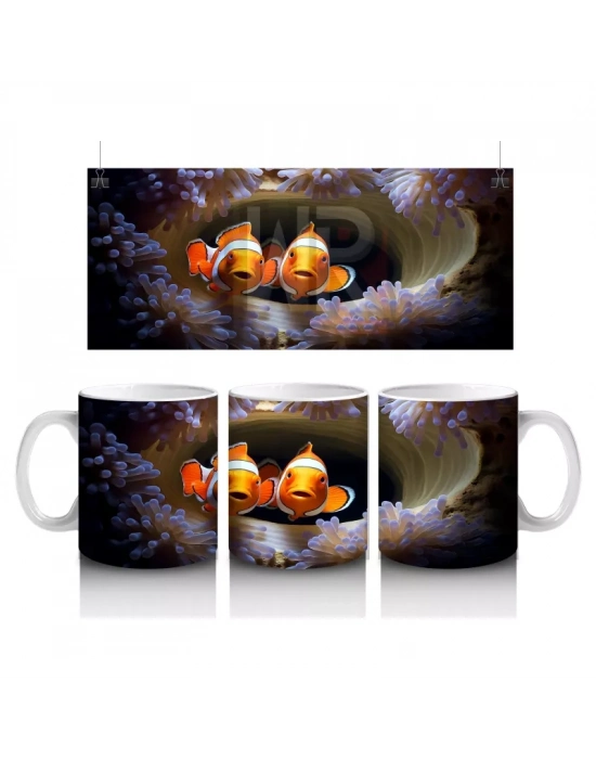 Karanlık Fon Üzerinde Parlayan Palyaço Balığı – Baskılı Kupa