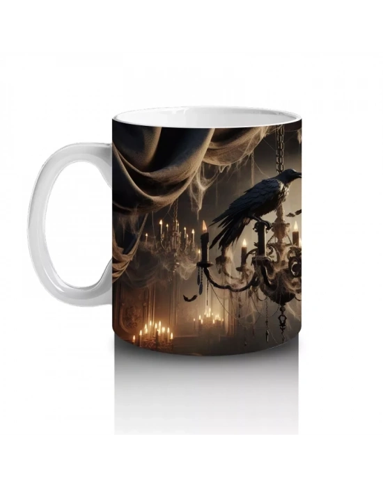 Karanlık Gotik Şapel İçinde Mumlar ve Kafataslarıyla Cadılar Bayramı Baskılı Kupa Bardak