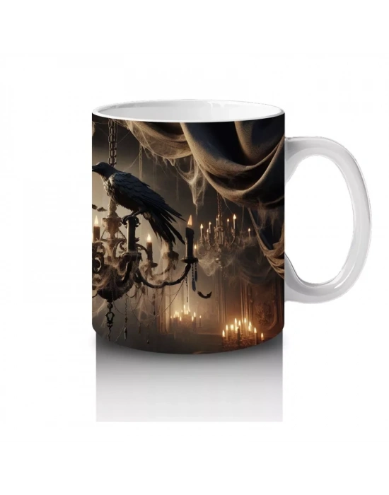 Karanlık Gotik Şapel İçinde Mumlar ve Kafataslarıyla Cadılar Bayramı Baskılı Kupa Bardak