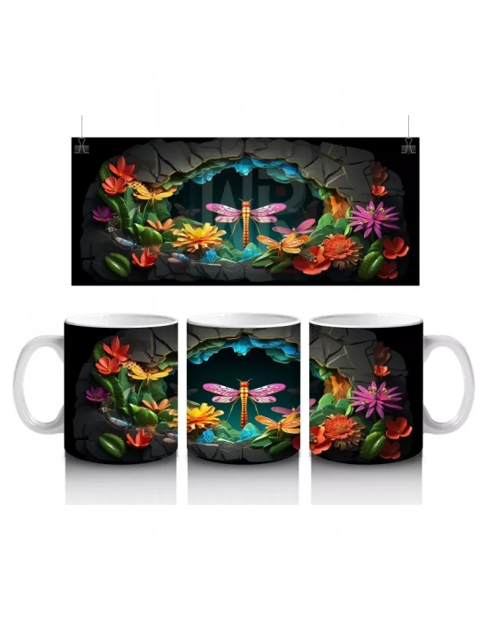 Karanlık Mağarada Parlayan Çiçekler ve Pembe Yusufçuk - Baskılı kahve kupası