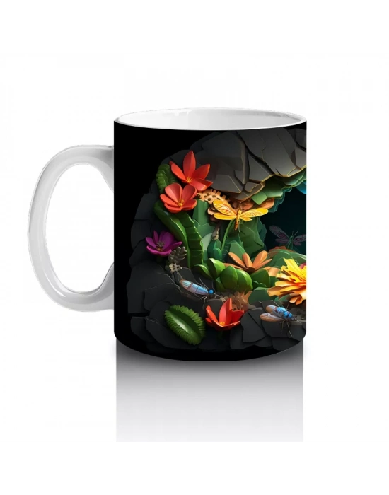 Karanlık Mağarada Parlayan Çiçekler ve Pembe Yusufçuk - Baskılı kahve kupası