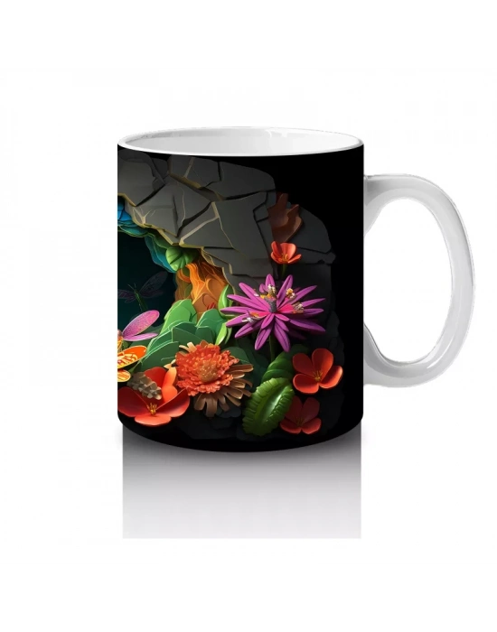 Karanlık Mağarada Parlayan Çiçekler ve Pembe Yusufçuk - Baskılı kahve kupası