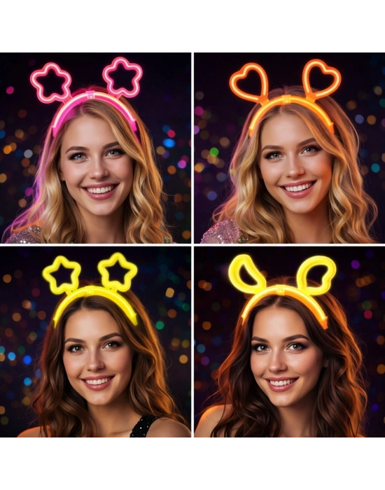 Karanlıkta Parlayan Glow Taç Seti 12 Adet – Yıldız Kalp Ay Çiçek (her Model 3 Adet)