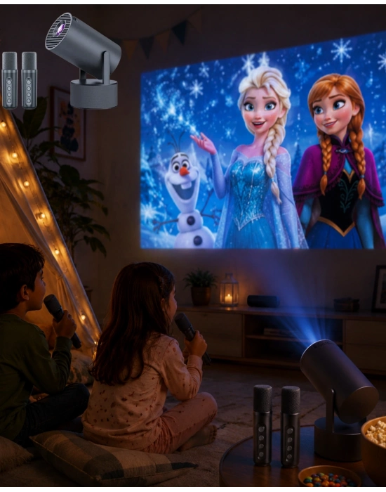 Karaoke Mikrofonlu Akıllı Projeksiyon Cihazı WiFi Bluetooth Destekli