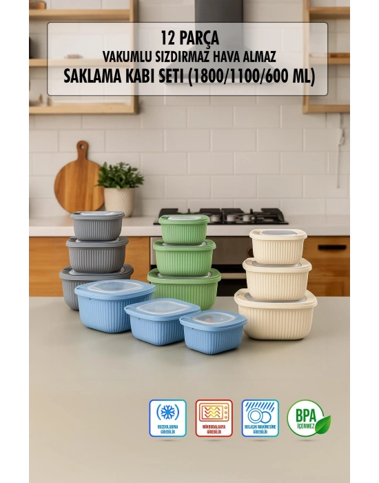 Kare 12 Parça Vakumlu Sızdırmaz Hava Almaz Saklama Kabı Seti Karışık 4x(1800/1100/600 Ml)