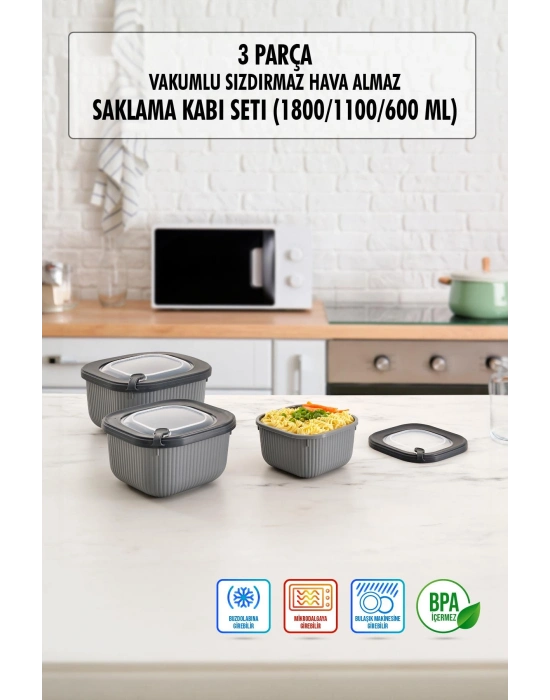 Kare 3 Parça Vakumlu Sızdırmaz Hava Almaz Saklama Kabı Seti Füme (1800/1100/600 Ml)