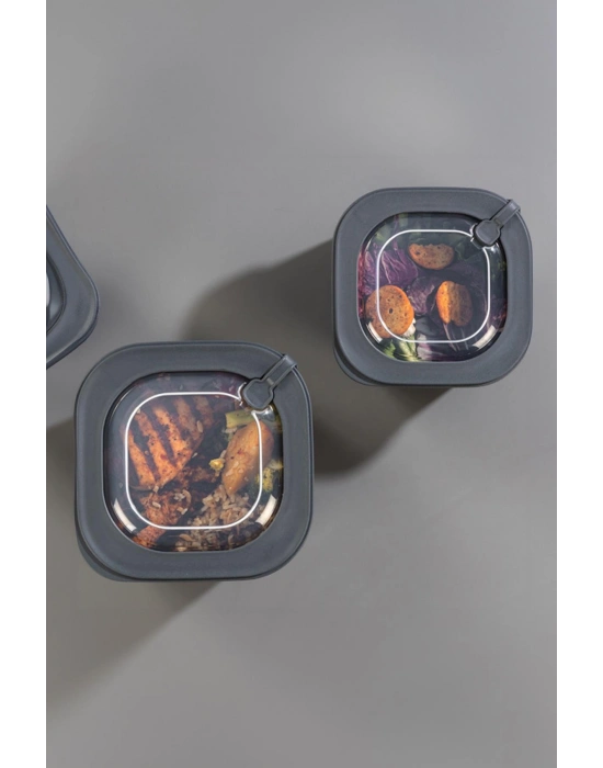 Kare 3 Parça Vakumlu Sızdırmaz Hava Almaz Saklama Kabı Seti Füme (1800/1100/600 Ml)