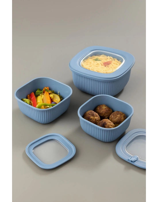 Kare 3 Parça Vakumlu Sızdırmaz Hava Almaz Saklama Kabı Seti Mavi (1800/1100/600 Ml)