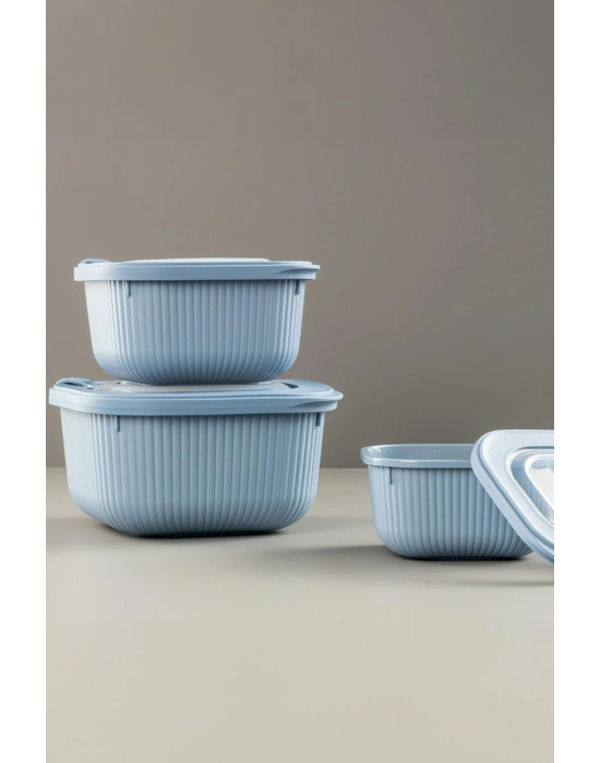 Kare 3 Parça Vakumlu Sızdırmaz Hava Almaz Saklama Kabı Seti Mavi (1800/1100/600 Ml)