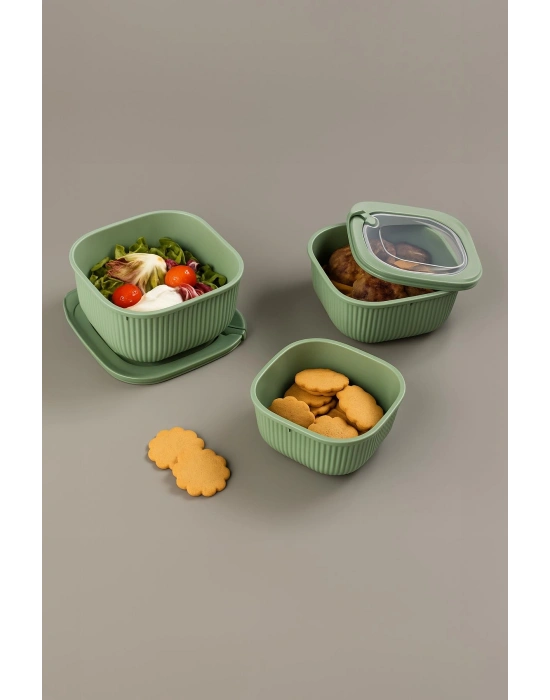Kare 3 Parça Vakumlu Sızdırmaz Hava Almaz Saklama Kabı Seti Yeşil (1800/1100/600 Ml)